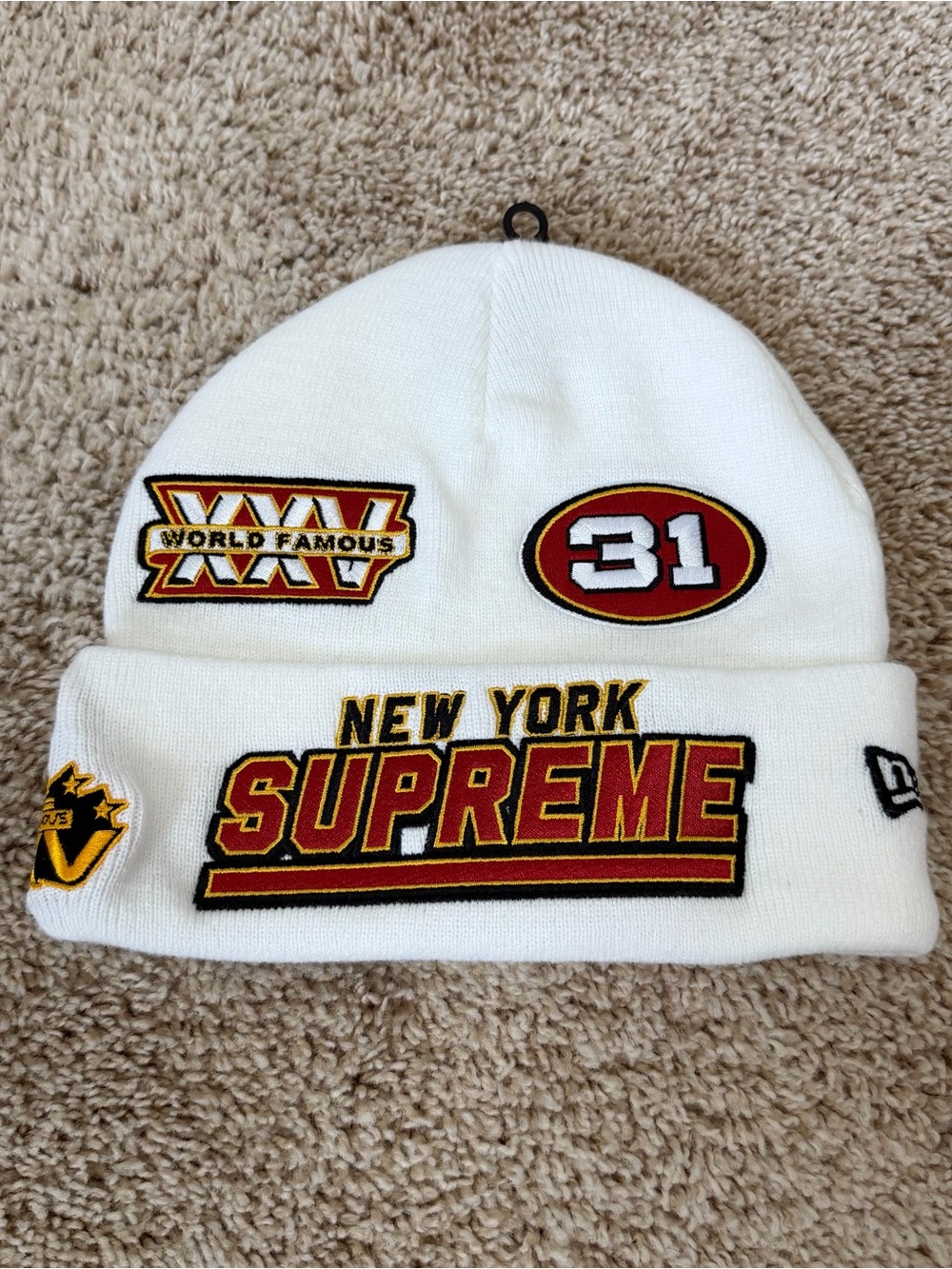 Supreme NY White Knit Beanie with Red & Gold Logo Patches